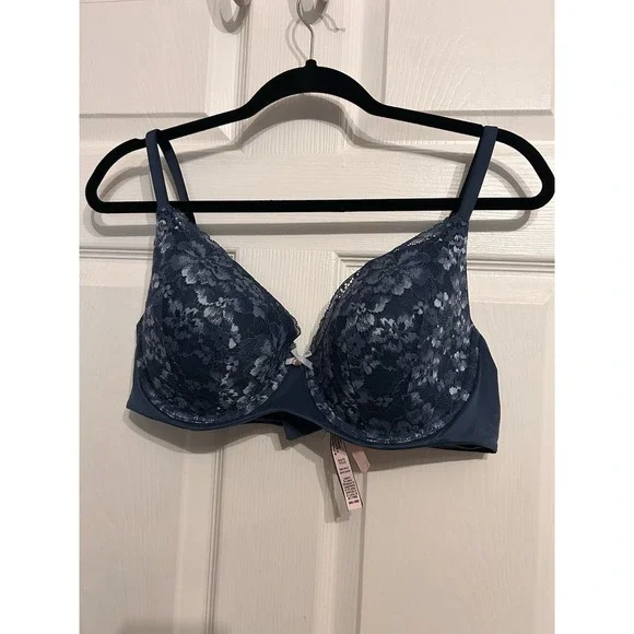 Victorias Secret 38D Bra Body by Victoria Lined Demi Padded Floral Lace Blue - Picture 3 of 14